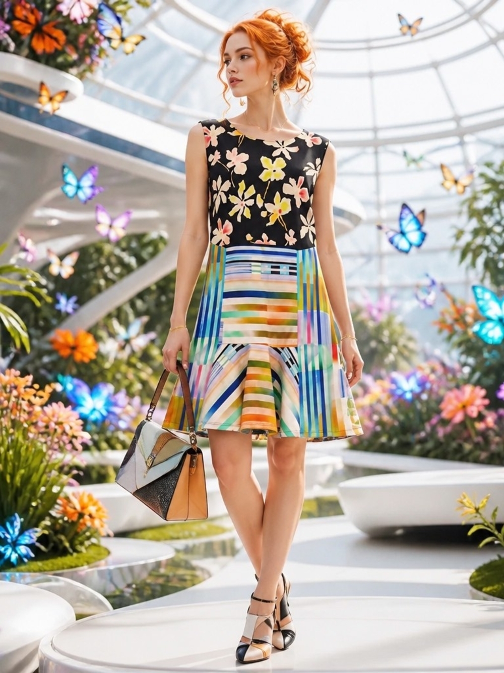 Clover Canyon Black Floral Top Multicolor Striped Skater Dress